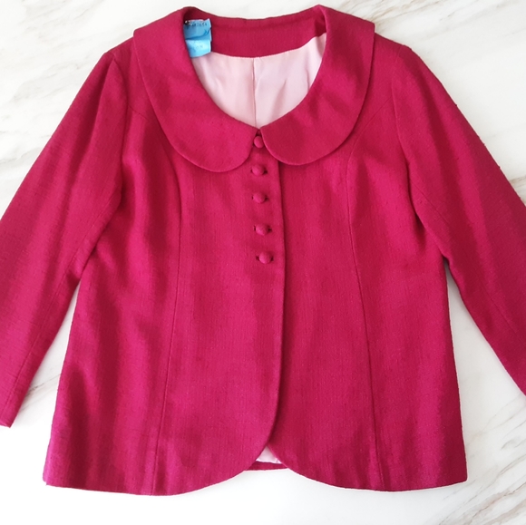 VTG FUCHSIA SILK LINEN BLEND PETER PAN COLLAR SUIT SZ 10 - Picture 8 of 13